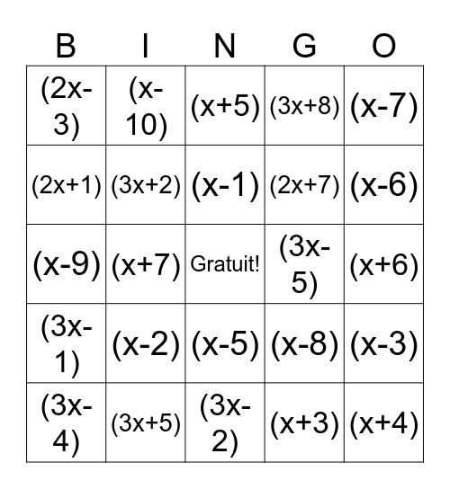 Factorisation Bingo Card