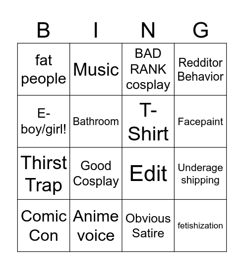 CRINGE Bingo Card