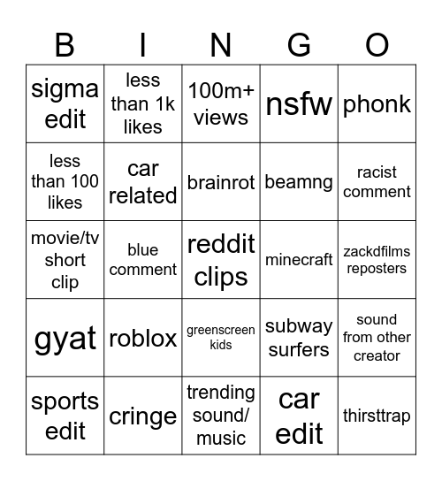 youtube shorts Bingo Card