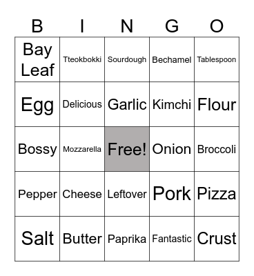 Cooking Bingo Card