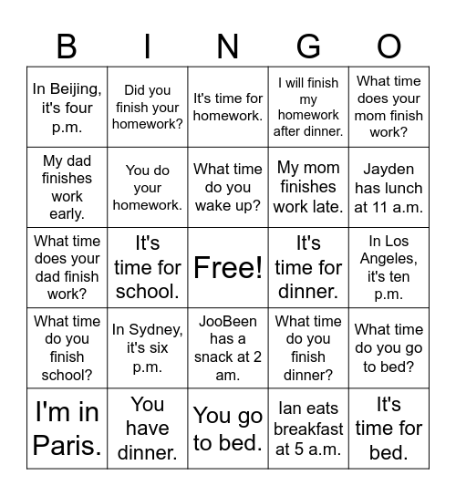 Time Bingo Card