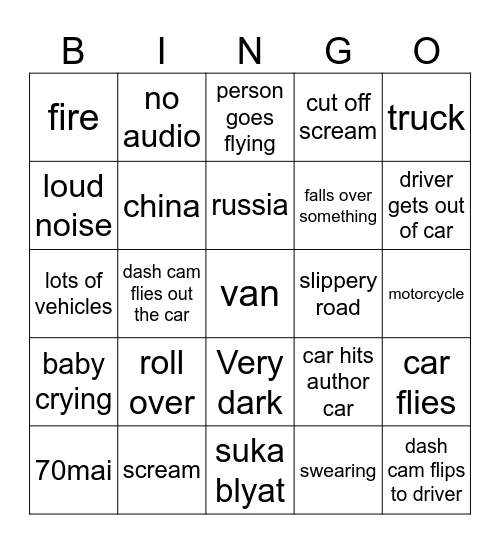 car crash bingo Card