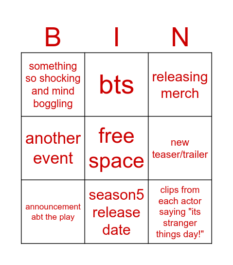 stranger things day Bingo Card