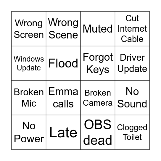 Scuffed Stream Bingo Card