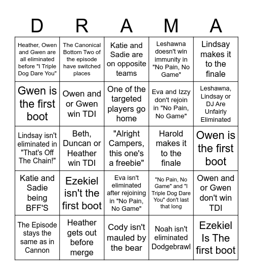 Total Drama Brantsteele Bingo Card