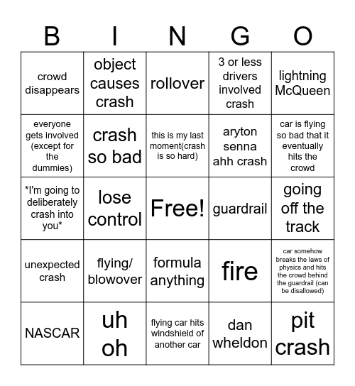 crashmanjaro racing Bingo Card