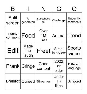 YT shorts bingo Card