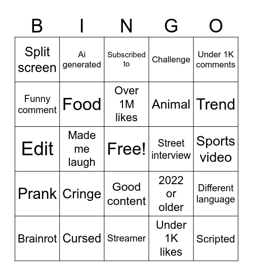 YT shorts bingo Card