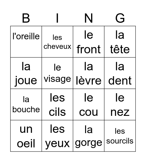 Les parties du corps et du visage Bingo Card