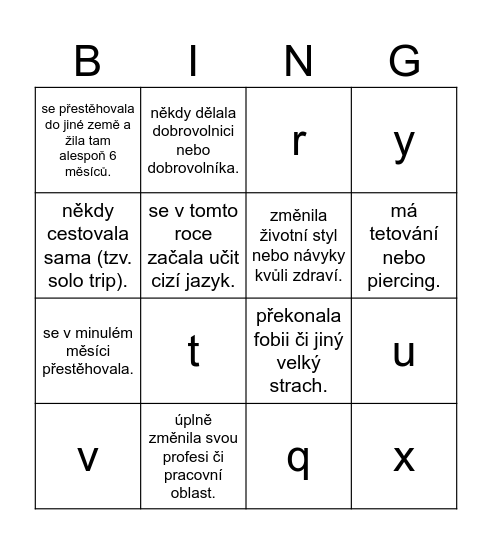 Najdi osobu, která… Bingo Card