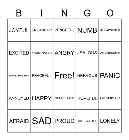 Emotions Bingo Card