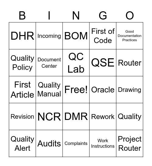 Quality Bingo Card