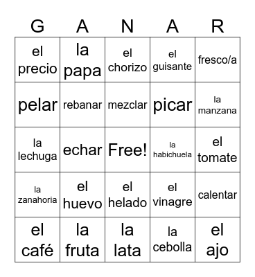 La comida callejera (ENG-->SPA) Bingo Card