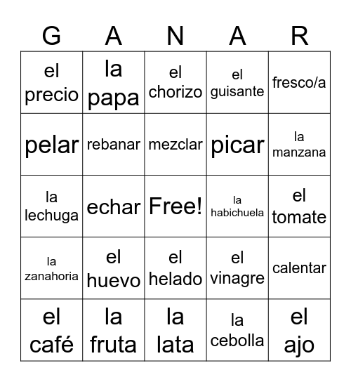 La comida callejera (ENG-->SPA) Bingo Card