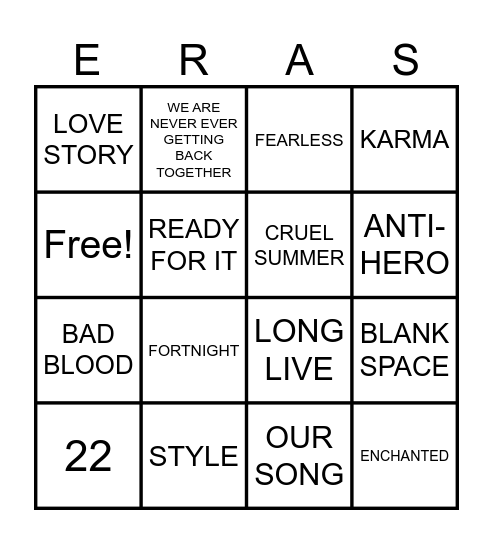 TAYLOR SWIFT Bingo Card