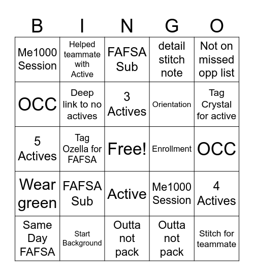 Start Day Bingo Card