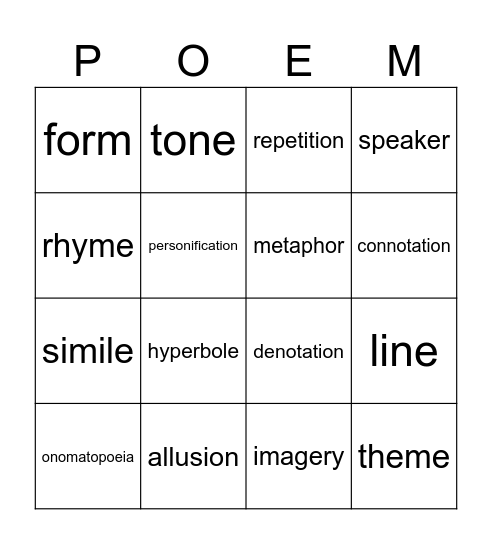 Poetry Test Review Bingo Card