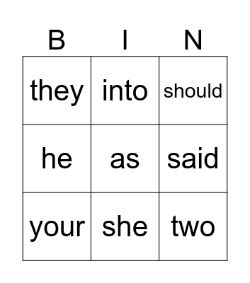 Heart Words Bingo Card