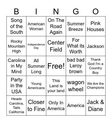 Americana Bingo Card
