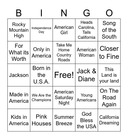 Americana #1 Bingo Card