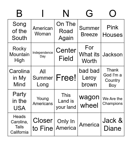 Americana Bingo Card