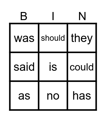 Heart Words Bingo Card