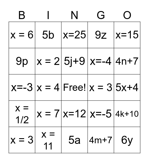 Solving Equations Bingo (7) Bingo Card