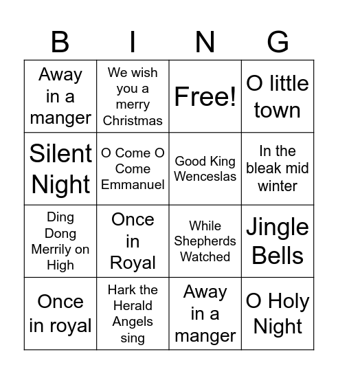 Christmas Carol Bingo Card