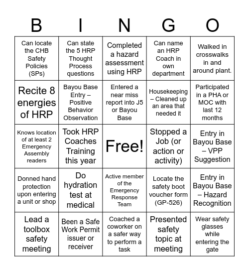 2024 November Safety Bingo Card