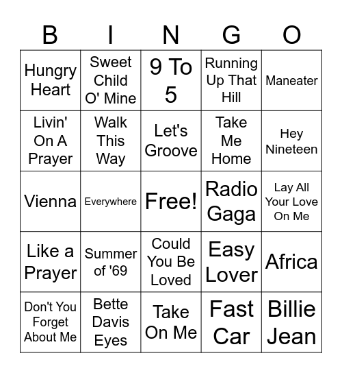 1980s Hits Bingo Card