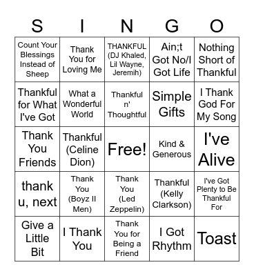 SINGO! Gratitude Edition Bingo Card