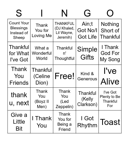 SINGO! Gratitude Edition Bingo Card