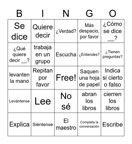 Classroom Expresions Bingo Card