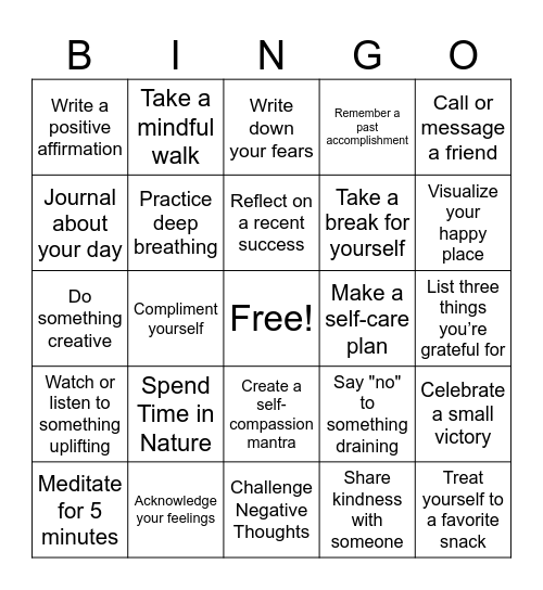 Self Compassion Bingo Card