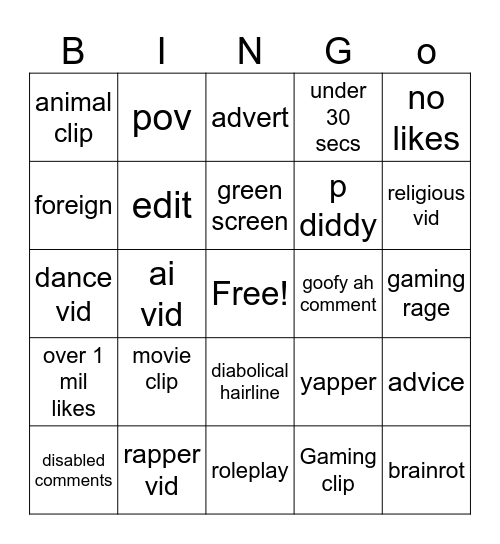 youtube shorts bingo Card