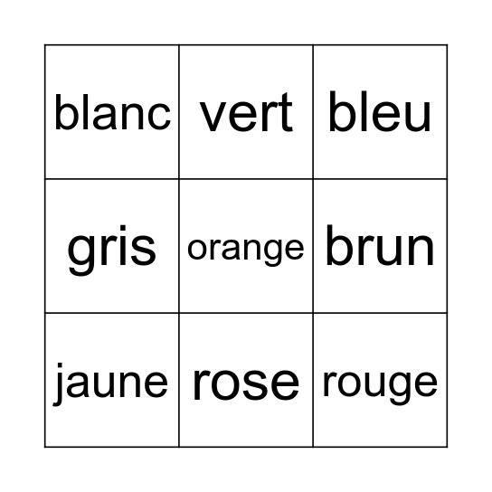 French Colours Bingo Card