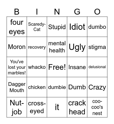 Mental Health Stigma Bingo Card