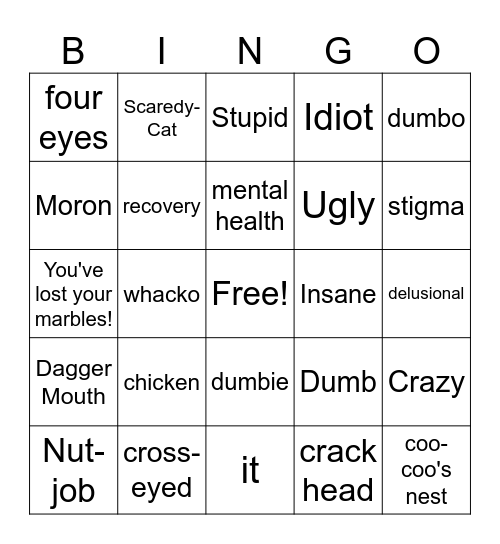 Mental Health Stigma Bingo Card