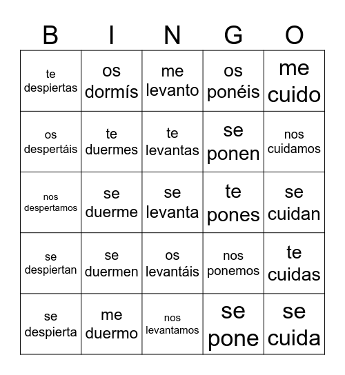 Verbos reflexivos Bingo Card