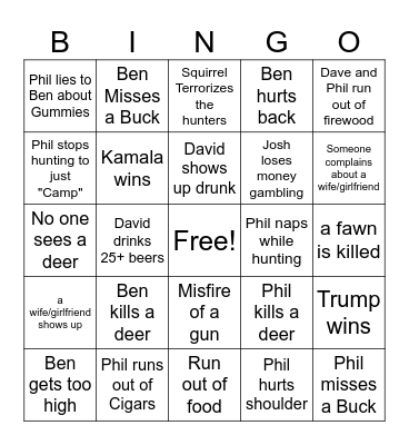 Hunting Camp 2024 Bingo Card