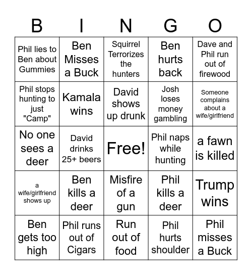 Hunting Camp 2024 Bingo Card