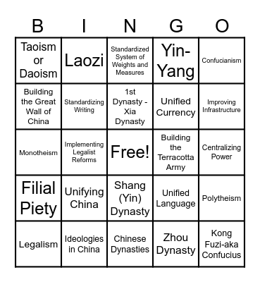 Global Studies Unit 2 Bingo Game #1 Bingo Card