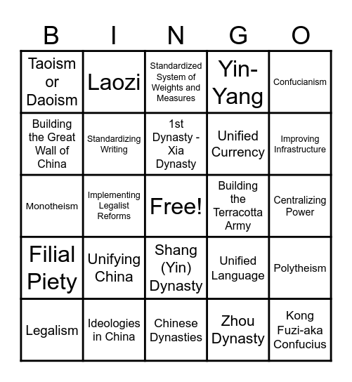 Global Studies Unit 2 Bingo Game #1 Bingo Card