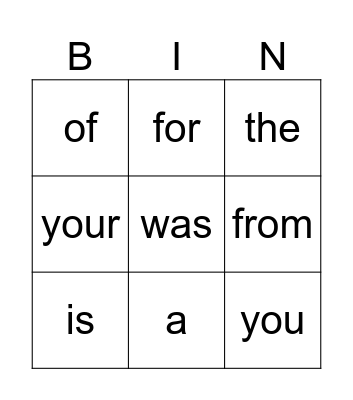 Heart Word BINGO Card