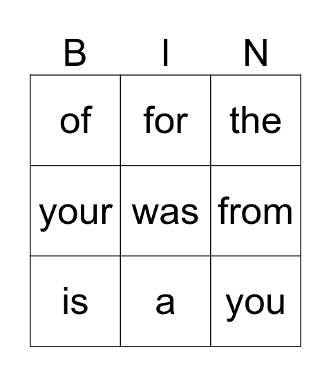 Heart Word BINGO Card