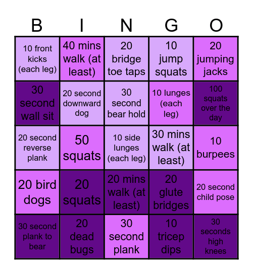 Grayt Fitness Bingo Card