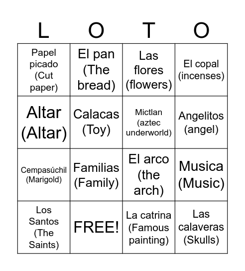 Day of the Dead Symbols Bingo Card