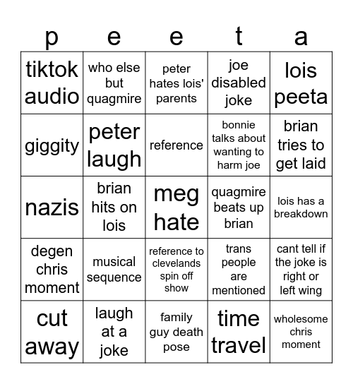 Family Guy Bingo Card