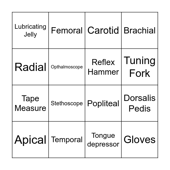 Pulse Sites and Medical Instruments for Physical Exam Bingo Card
