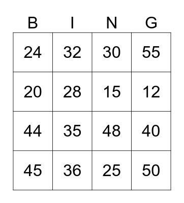 4s & 5s Multiplication Bingo Card